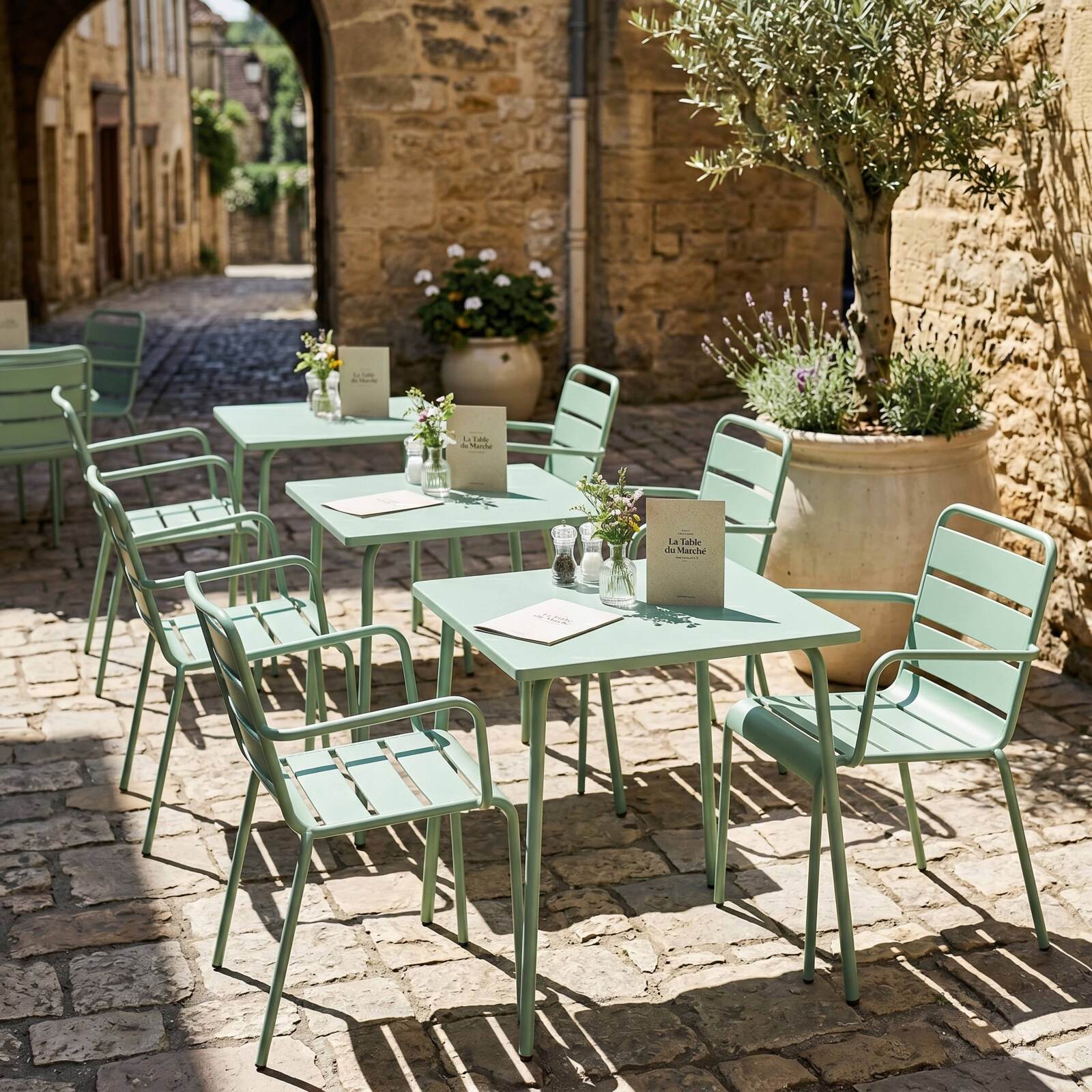 Table de terrasse bistrot carrée en métal 70x70 cm et 2 chaises avec accoudoirs