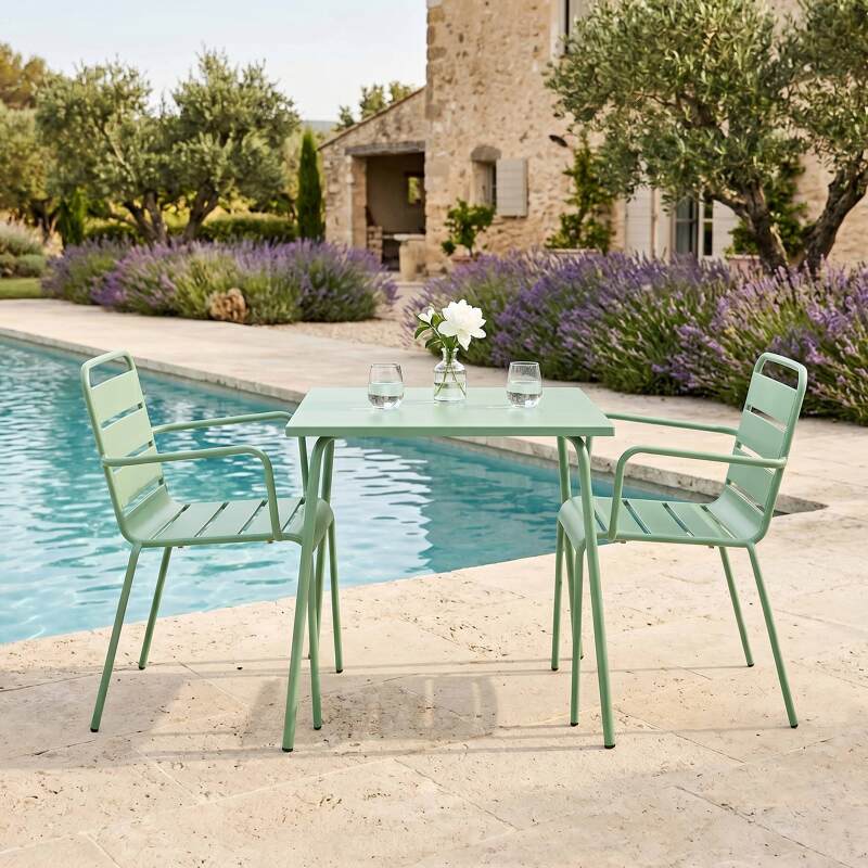 Table de terrasse bistrot carrée en métal 70x70 cm et 2 chaises avec accoudoirs