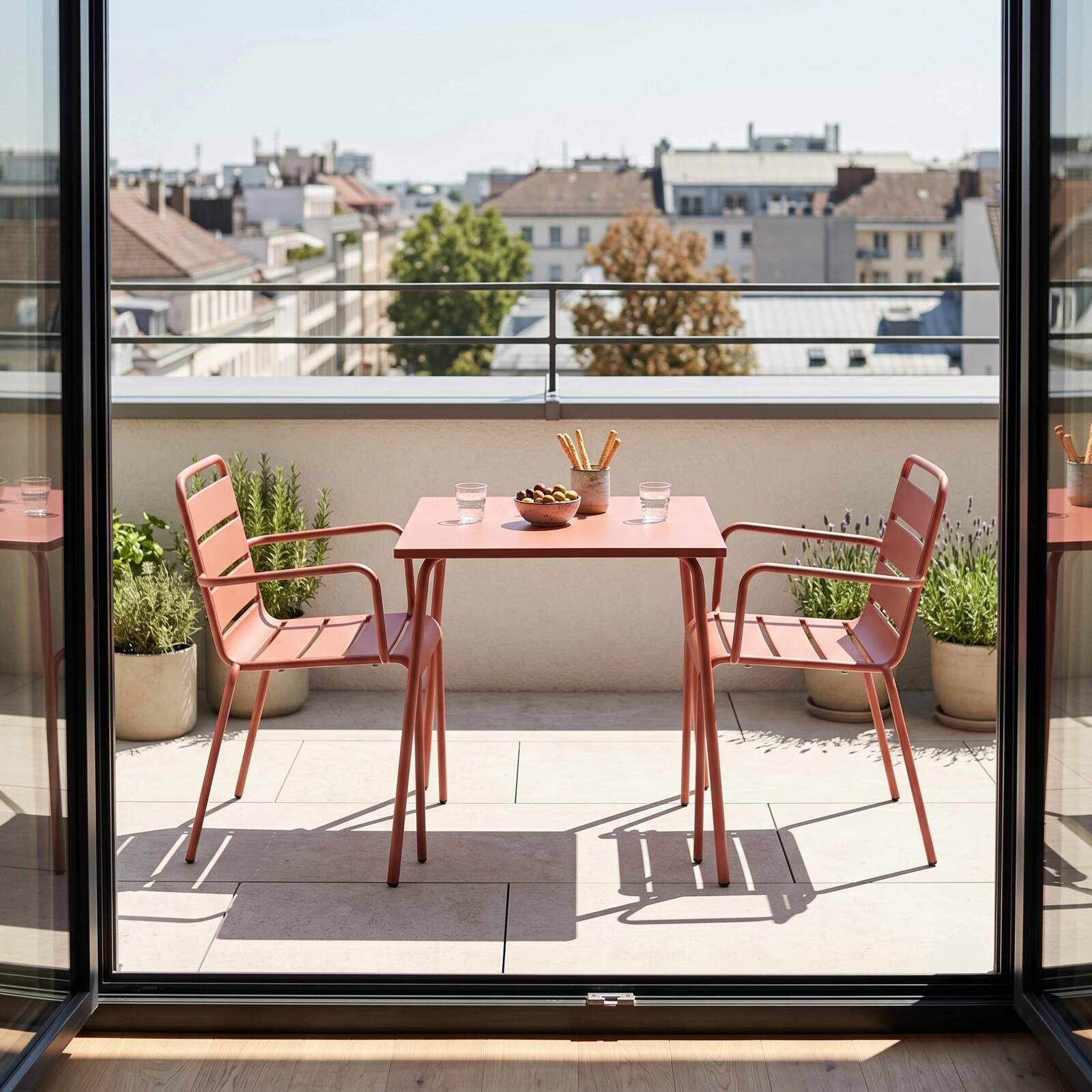 Table de terrasse bistrot carrée en métal 70x70 cm et 2 chaises avec accoudoirs