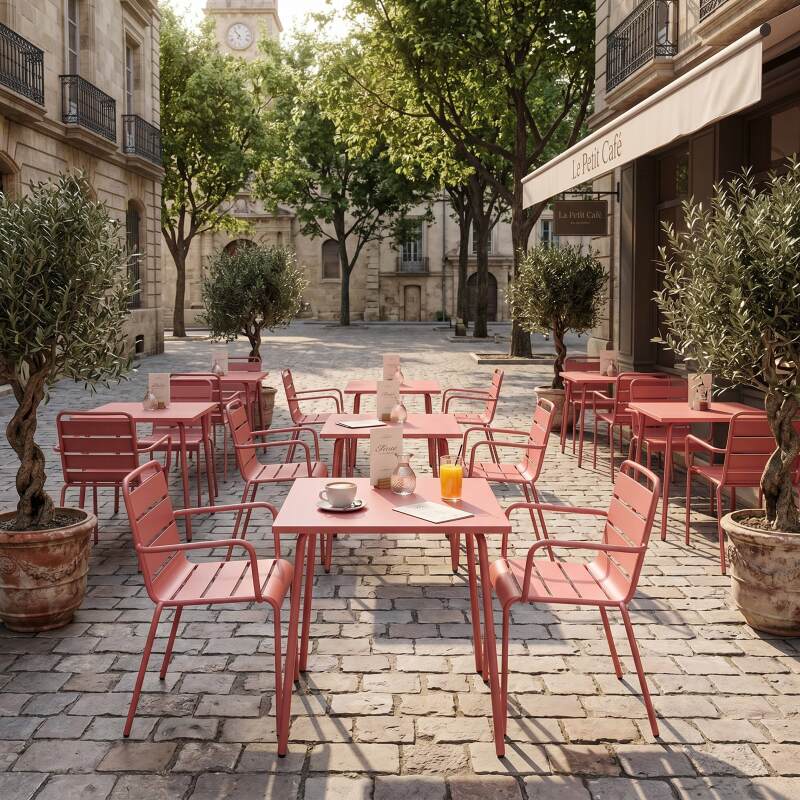 Table de terrasse bistrot carrée en métal 70x70 cm et 2 chaises avec accoudoirs (3/7)