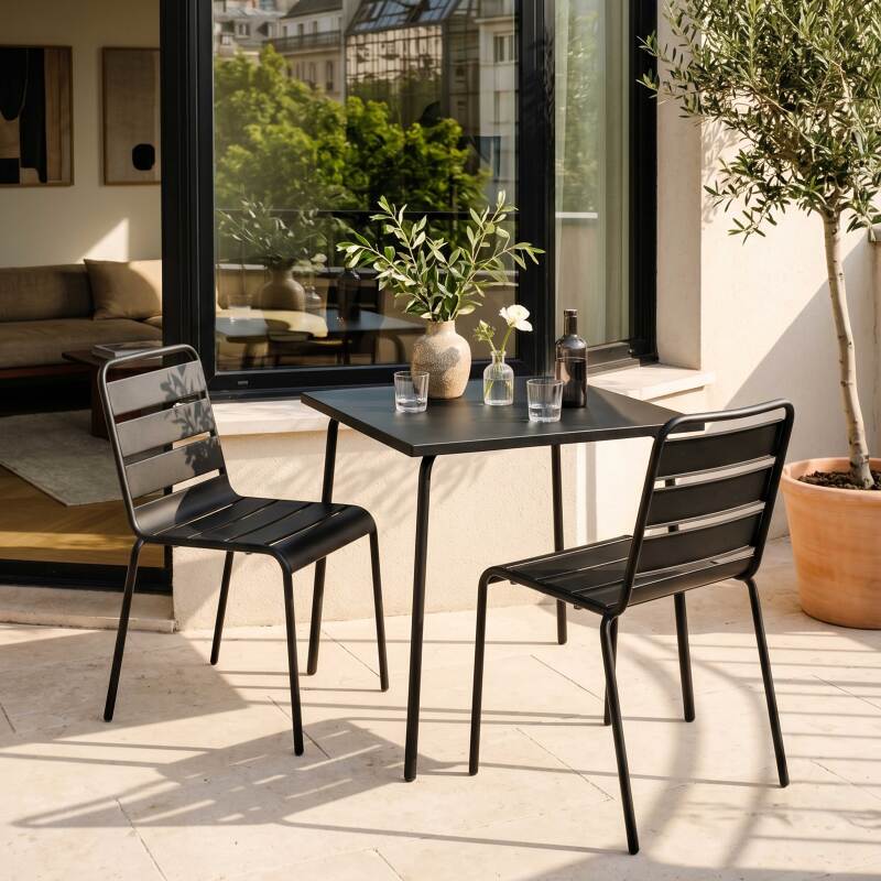 Table de terrasse bistrot carrée en métal 70x70 cm et 2 chaises