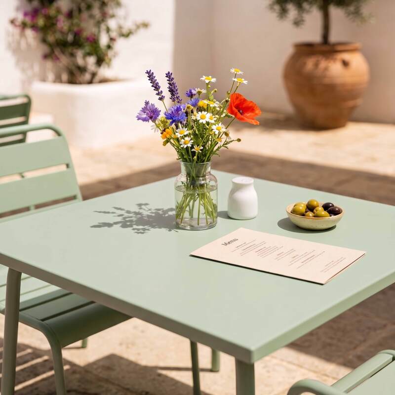 Table de terrasse bistrot carrée en métal 70x70 cm et 2 chaises (6/7)