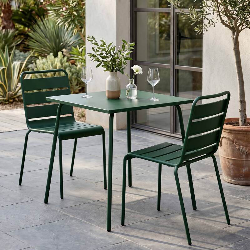 Table de terrasse bistrot carrée en métal 70x70 cm et 2 chaises