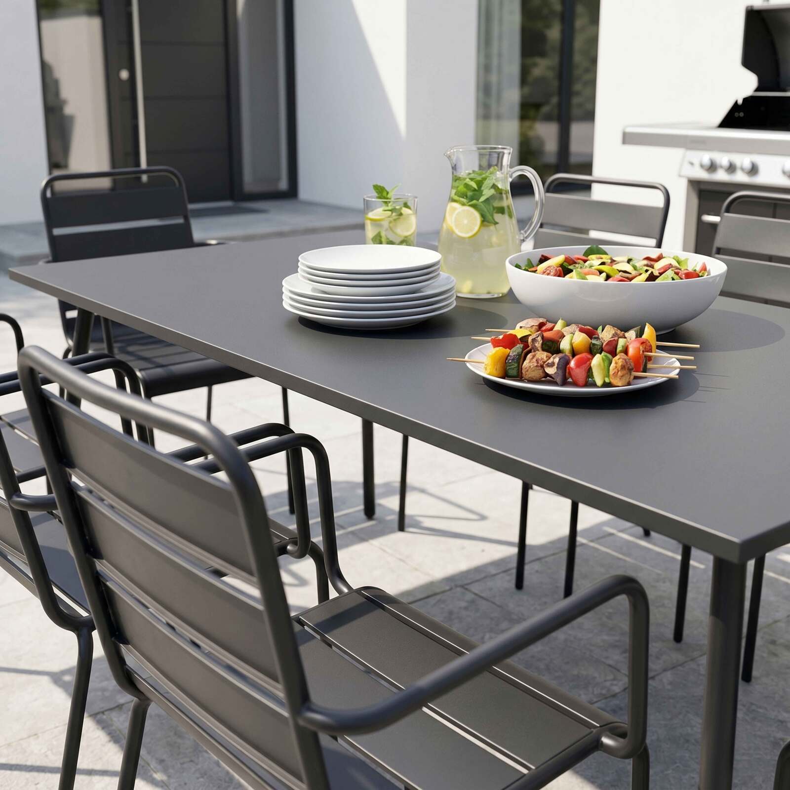 Table de terrasse en métal 180x90 cm et 8 chaises avec accoudoirs
