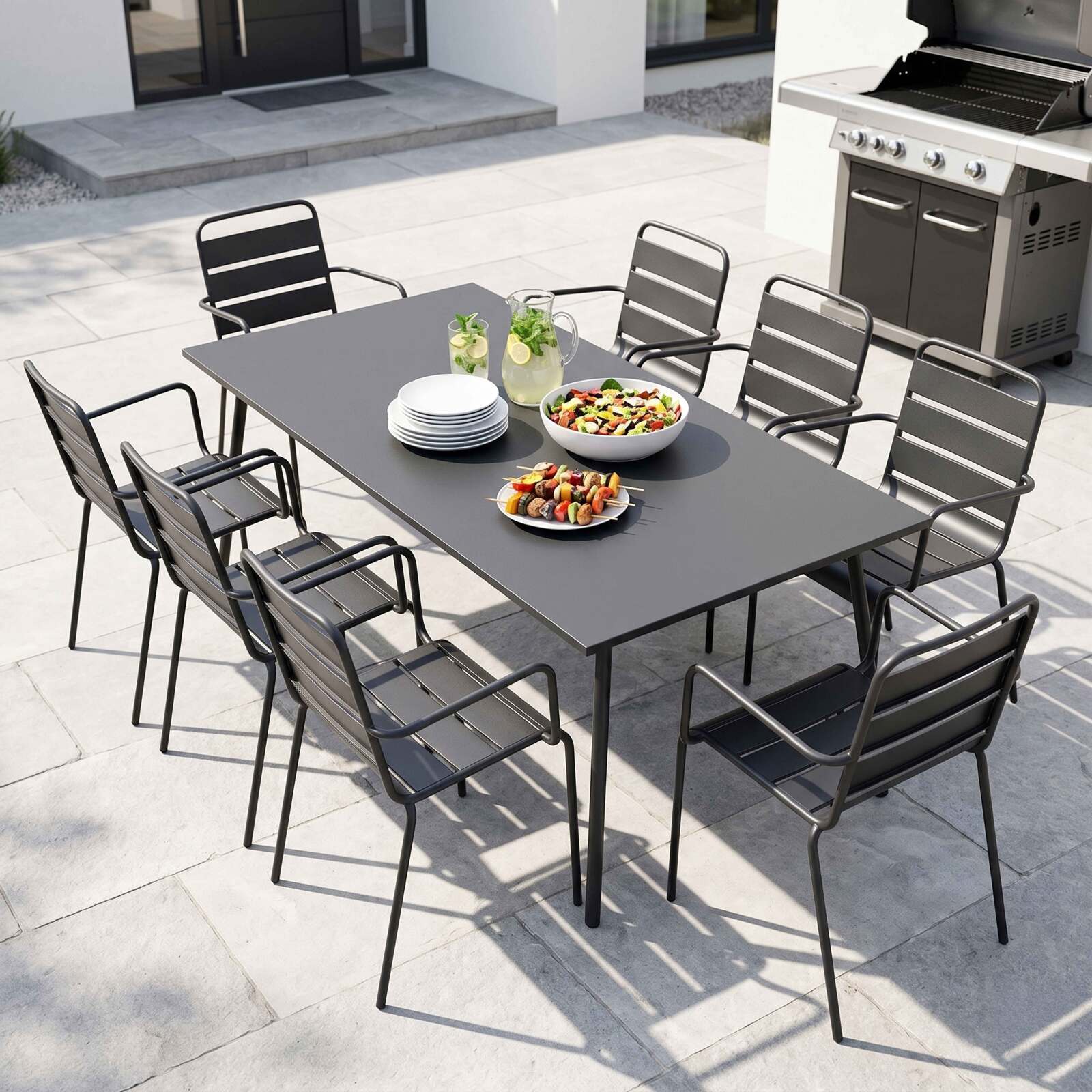 Table de terrasse en métal 180x90 cm et 8 chaises avec accoudoirs