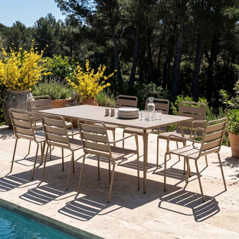 Table de terrasse en métal 180x90 cm et 8 chaises avec accoudoirs