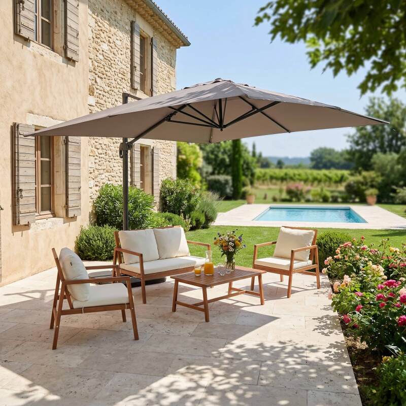 Parasol déporté professionnel 4x3 m rectangulaire inclinable 240g/m² rotatif 360° et 4 dalles à lester remplissables