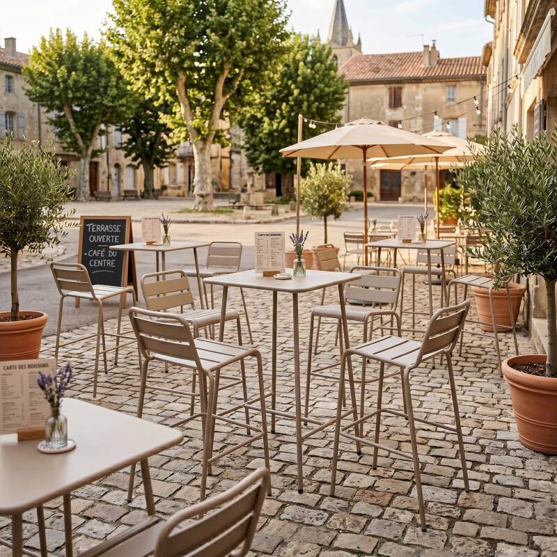 Table haute de terrasse carrée en métal 70x70 cm et 4 chaises hautes