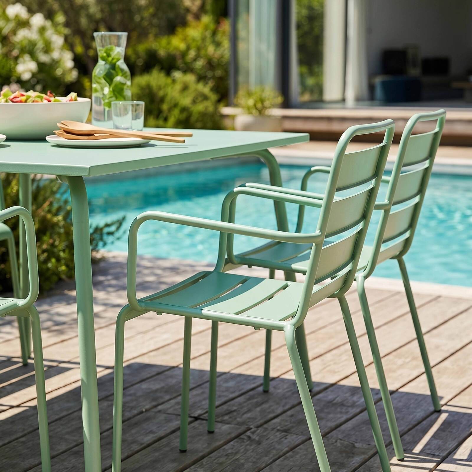 Table de terrasse carrée en métal 120x120 cm et 8 chaises avec accoudoirs