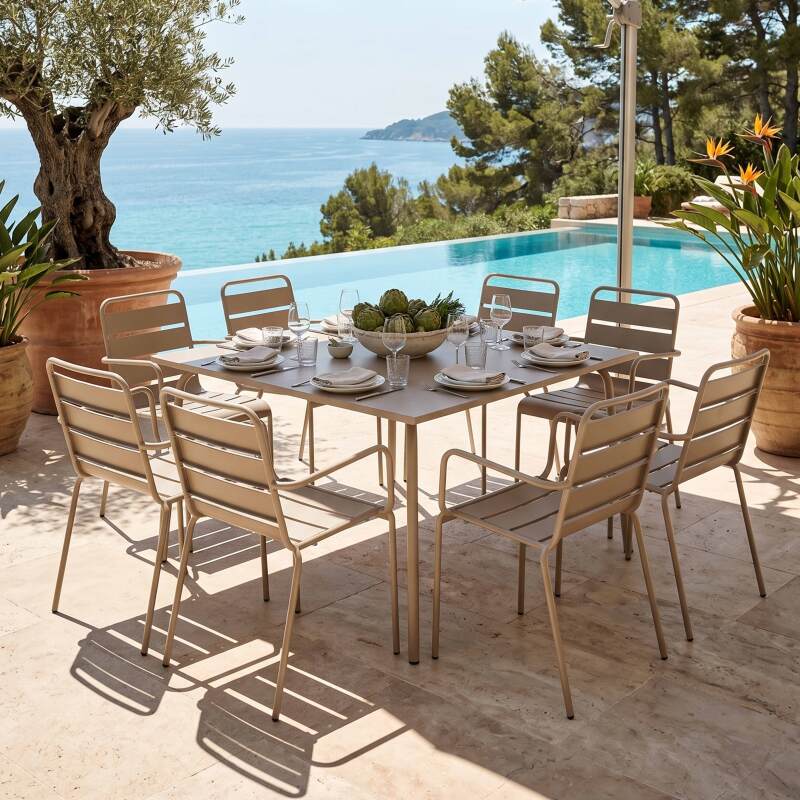 Table de terrasse carrée en métal 120x120 cm et 8 chaises avec accoudoirs
