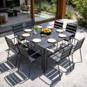 Table de terrasse carrée en métal 120x120 cm et 8 chaises avec accoudoirs