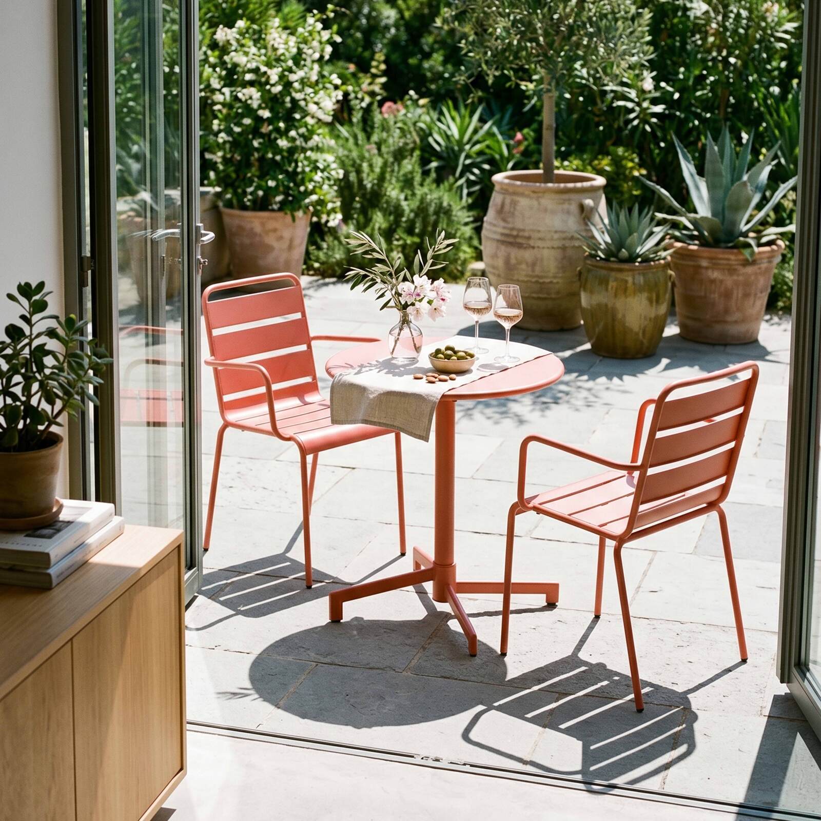 Table de terrasse bistrot ronde inclinable en métal avec pied encastrable 70x70 cm et 2 chaises avec accoudoirs