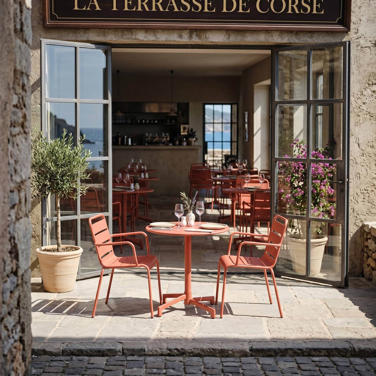 Table de terrasse bistrot ronde inclinable en métal avec pied encastrable 70x70 cm et 2 chaises avec accoudoirs