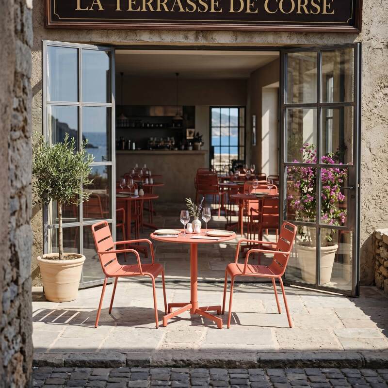 Table de terrasse bistrot ronde inclinable en métal avec pied encastrable 70x70 cm et 2 chaises avec accoudoirs (8/11)
