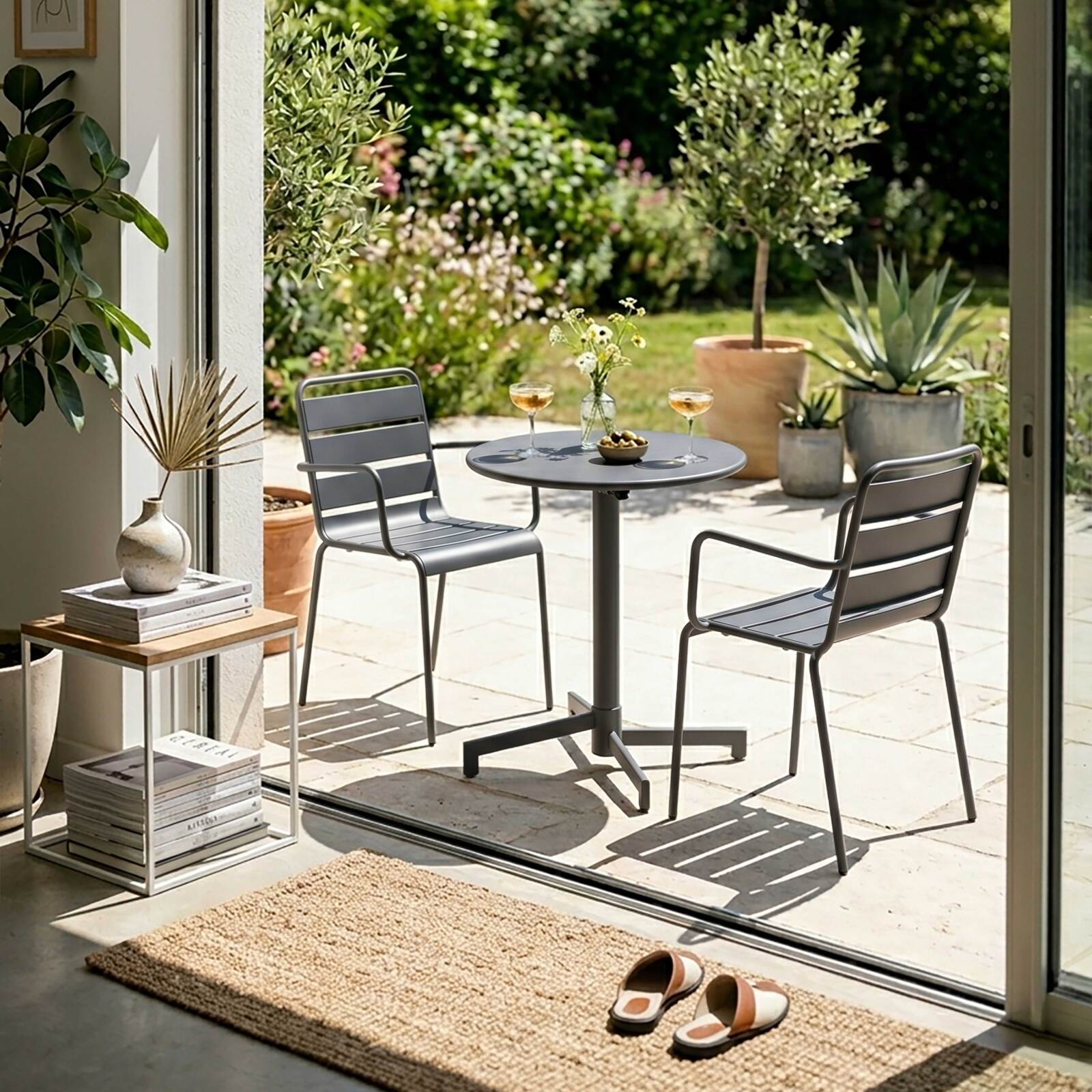 Table de terrasse bistrot ronde inclinable en métal avec pied encastrable 70x70 cm et 2 chaises avec accoudoirs