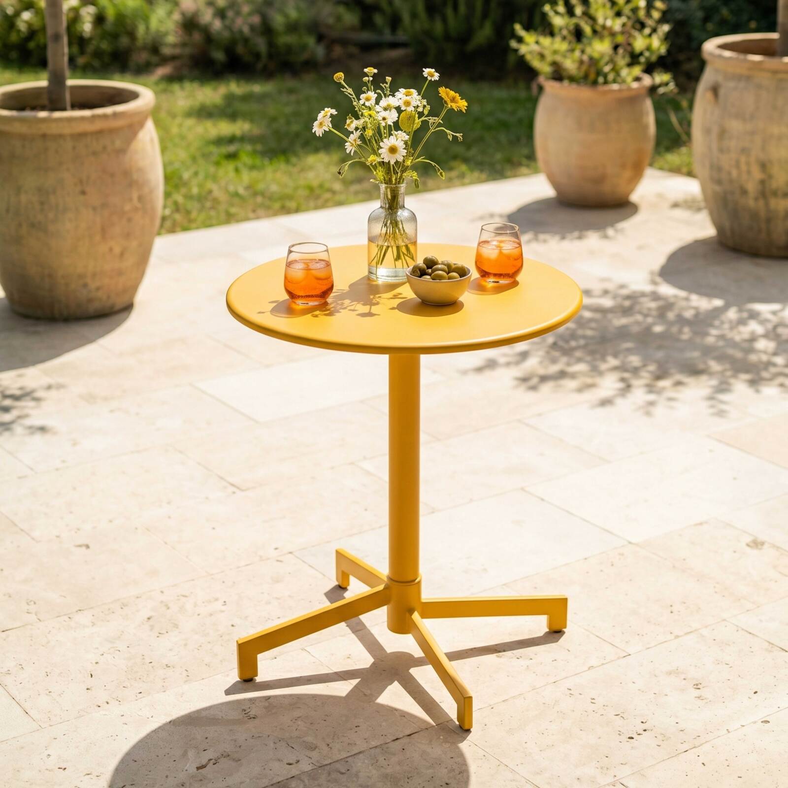 Table de terrasse bistrot ronde inclinable en métal avec pied encastrable 70x70 cm et 2 chaises avec accoudoirs