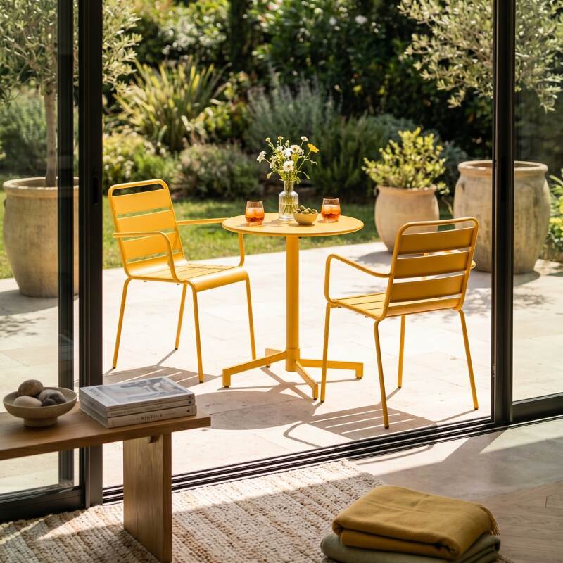 Table de terrasse bistrot ronde inclinable en métal avec pied encastrable 70x70 cm et 2 chaises avec accoudoirs