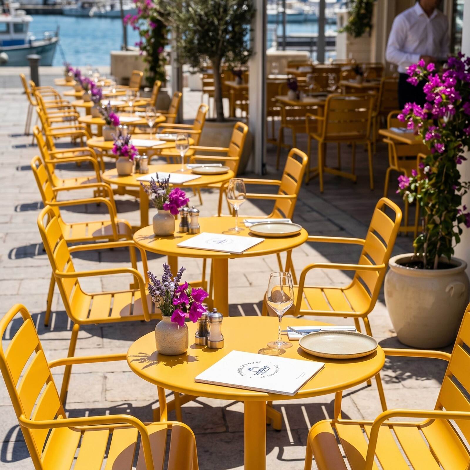 Table de terrasse bistrot ronde inclinable en métal avec pied encastrable 70x70 cm et 2 chaises avec accoudoirs