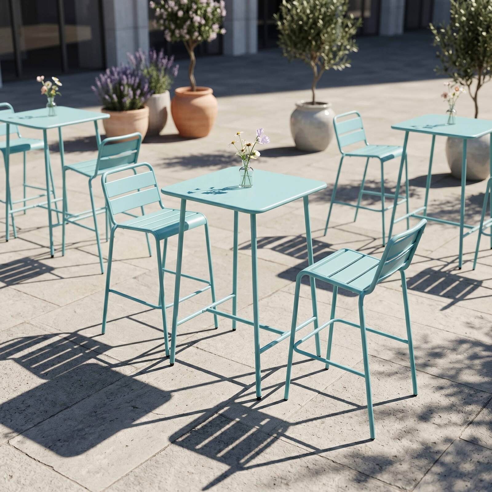 Table haute de terrasse bistrot carrée en métal 70x70 cm et 2 chaises hautes