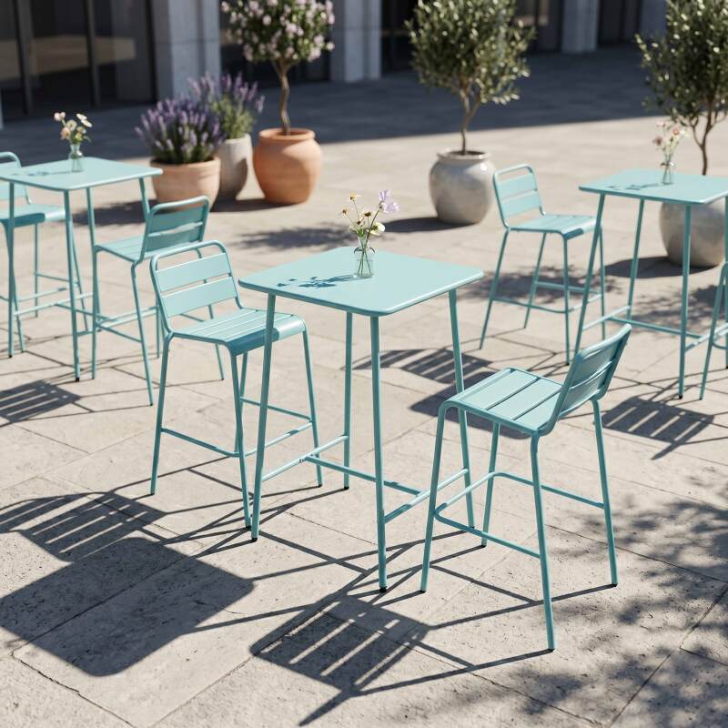 Table haute de terrasse bistrot carrée en métal 70x70 cm et 2 chaises hautes (4/7)