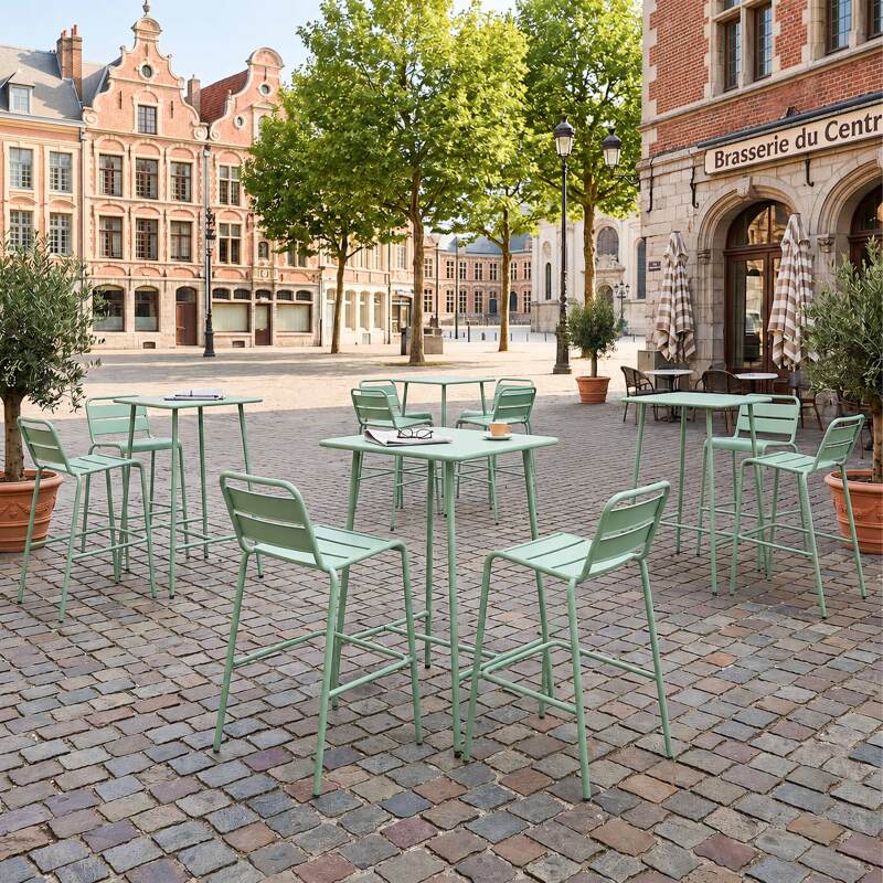 Table haute de terrasse bistrot carrée en métal 70x70 cm et 2 chaises hautes (6/7)