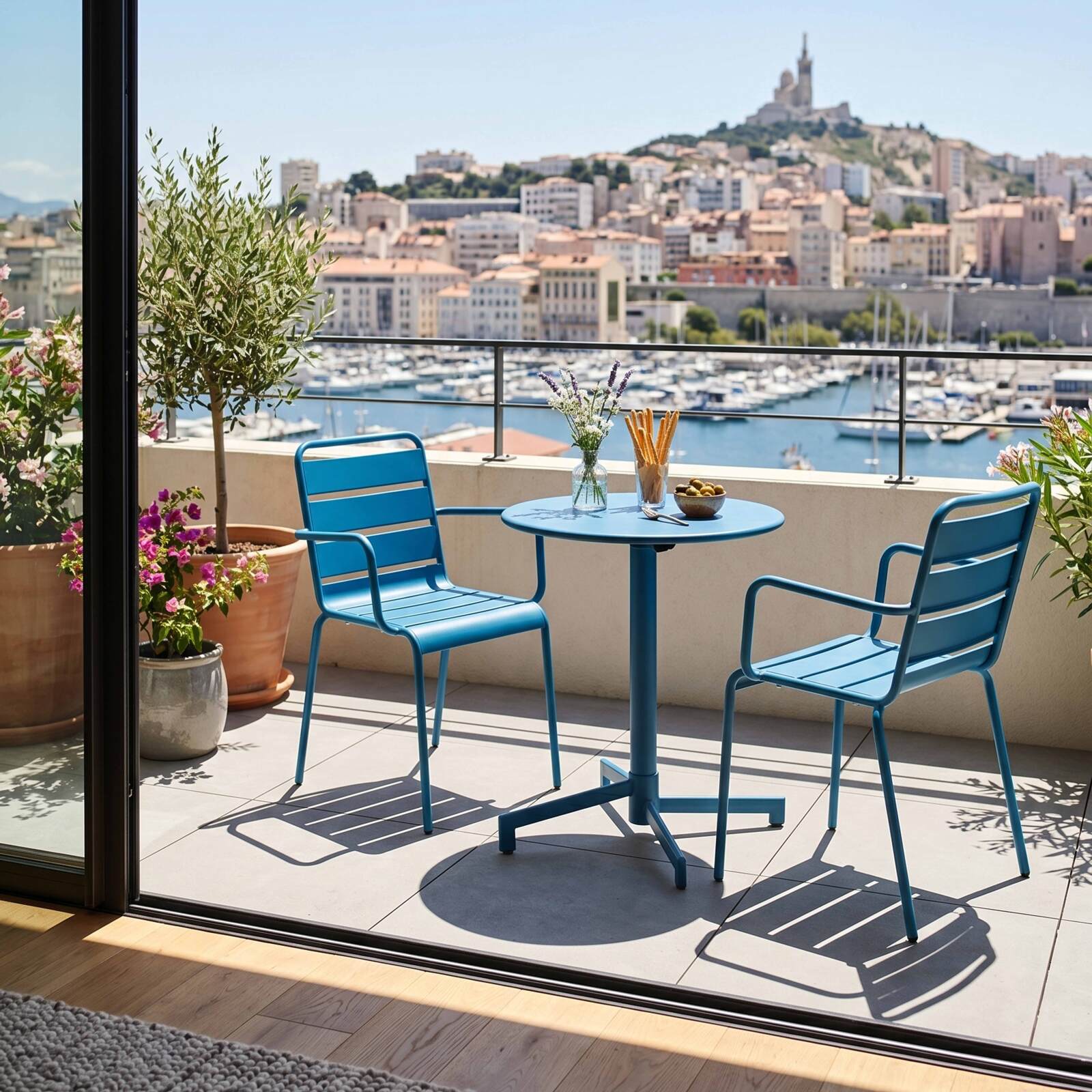 Table de terrasse bistrot ronde inclinable en métal avec pied encastrable 70x70 cm et 2 chaises avec accoudoirs