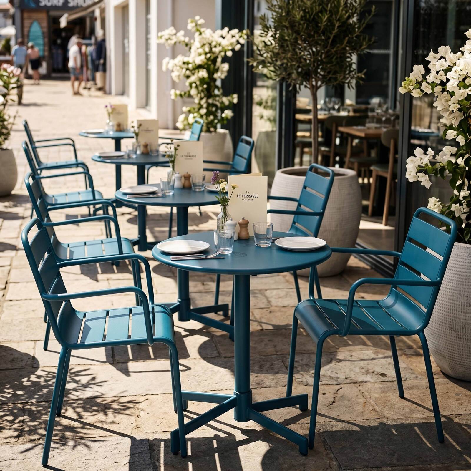 Table de terrasse bistrot ronde inclinable en métal avec pied encastrable 70x70 cm et 2 chaises avec accoudoirs