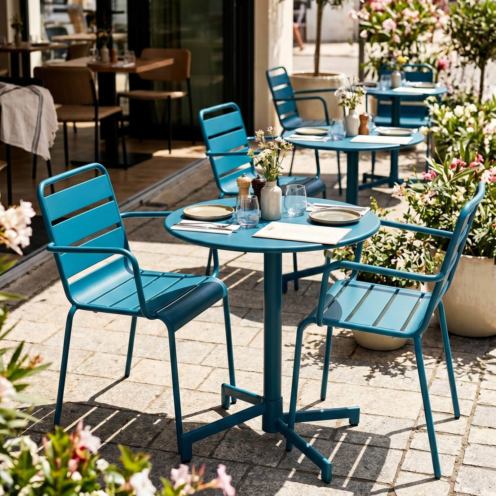 Table de terrasse bistrot ronde inclinable en métal avec pied encastrable 70x70 cm et 2 chaises avec accoudoirs