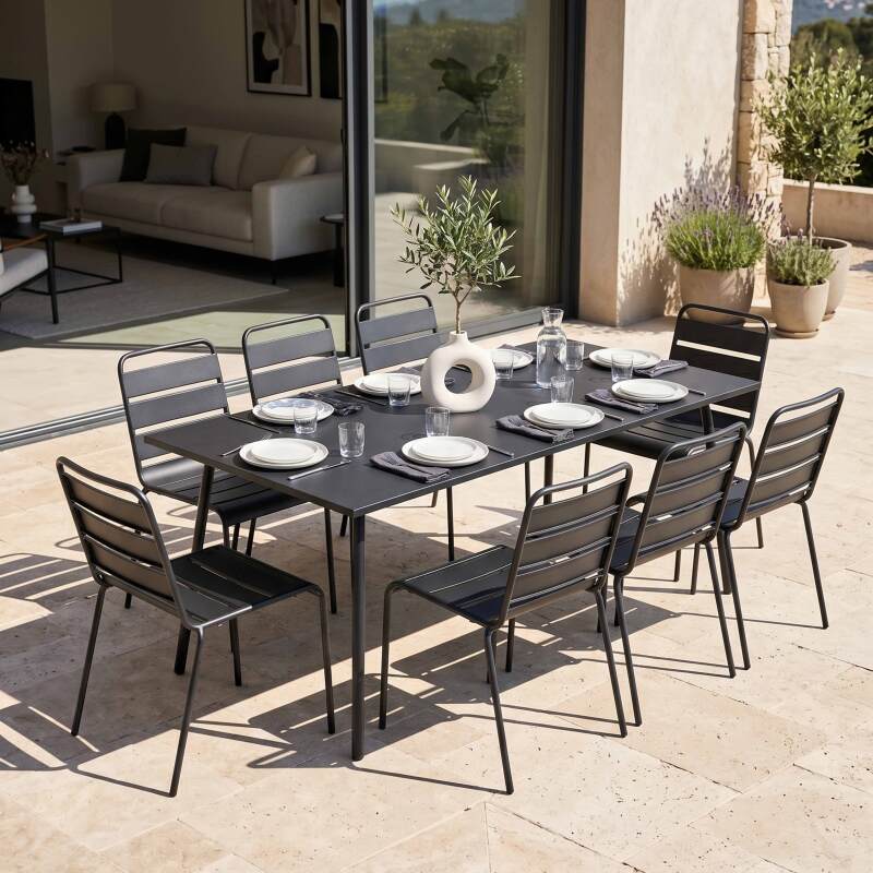 Ensemble table rectangulaire 180 cm et 8 chaises en métal
