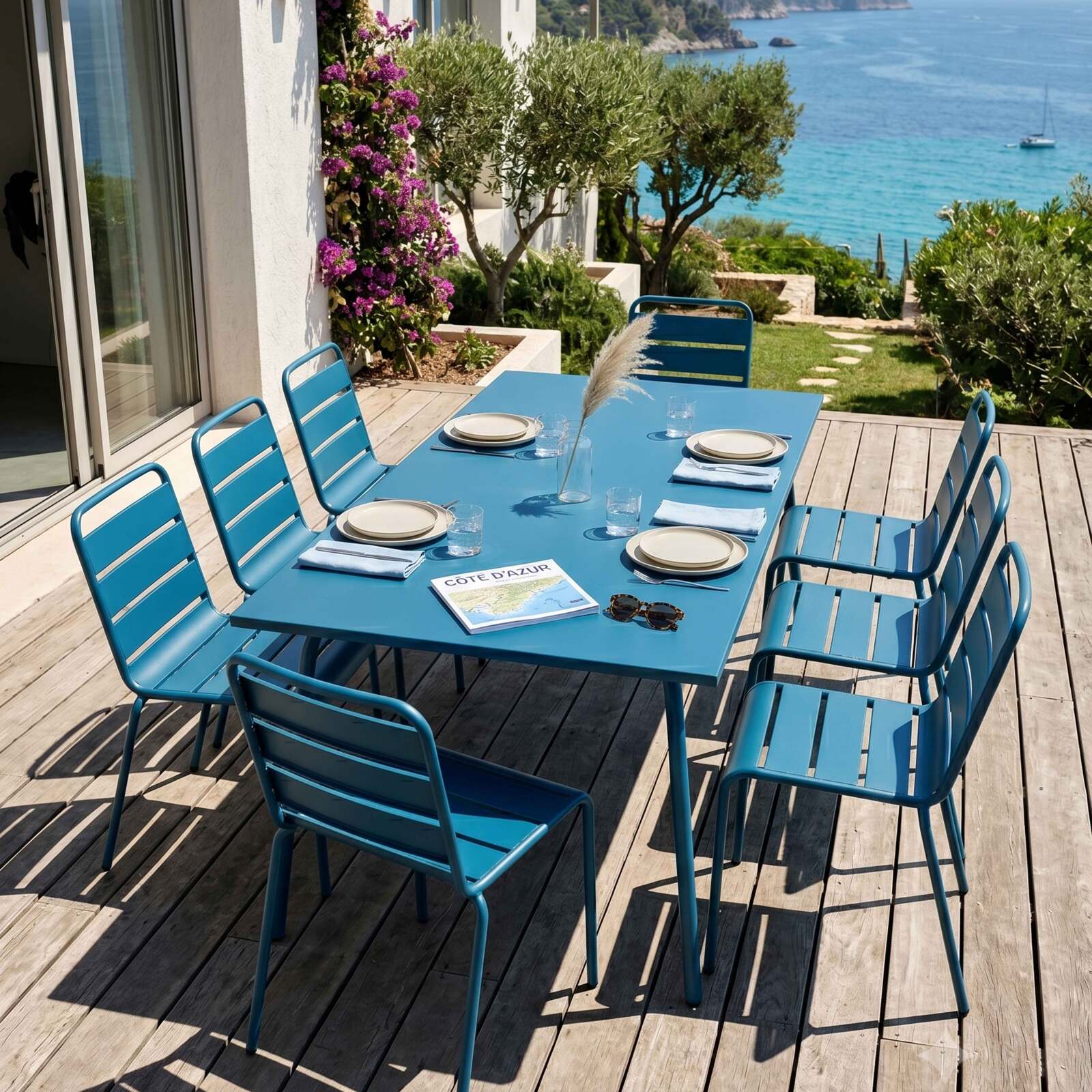 Ensemble table rectangulaire 180 cm et 8 chaises en métal