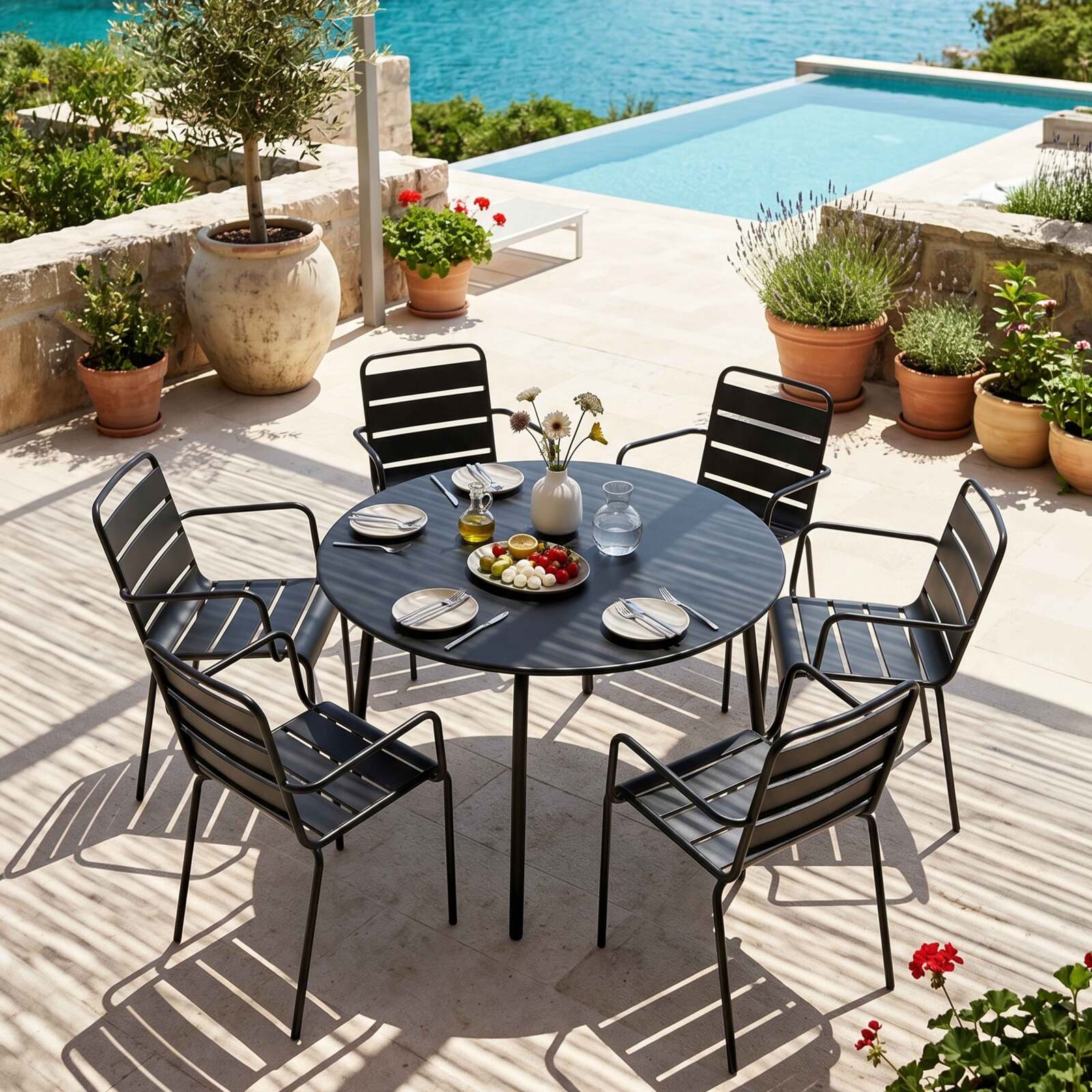 Table de terrasse ronde en métal Ø120 cm et 6 chaises avec accoudoirs