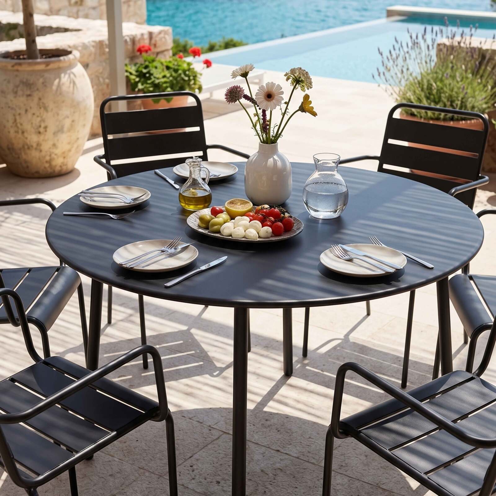 Table de terrasse ronde en métal Ø120 cm et 6 chaises avec accoudoirs