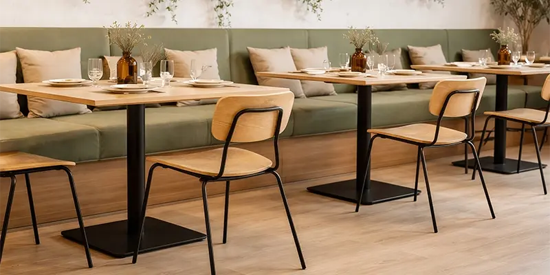 Tables en bois avec pieds en métal et chaises en bois et métal dans une salle de restaurant