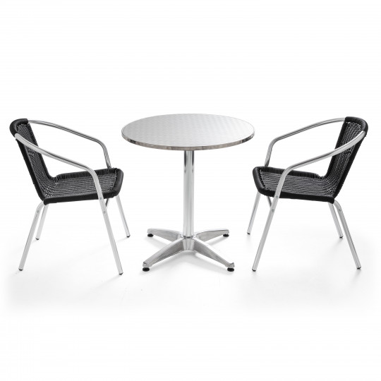 Table ronde CHR en alu et 2 fauteuils en résine noir