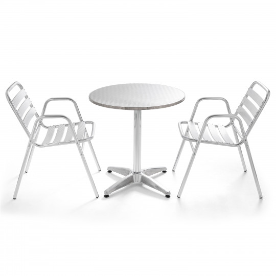 Table ronde bistro en alu et 2 fauteuils gris empilables
