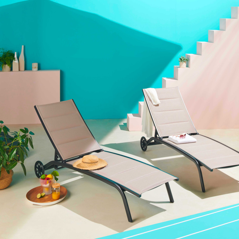 Lot de 2 bains de soleil sur roues en aluminium et textilène