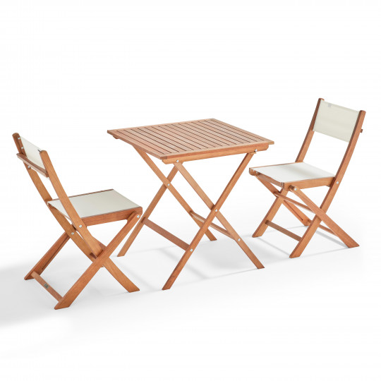 Table de terrasse carrée pliante en bois d'eucalyptus FSC® 70x70 cm et 2 chaises pliantes en textilène | Mobeventpro
