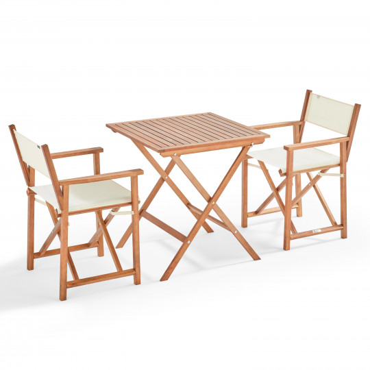 Table de terrasse carrée pliante en bois d'eucalyptus FSC® 70x70 cm et 2 chaises avec accoudoirs pliantes en textilène | Mobeven