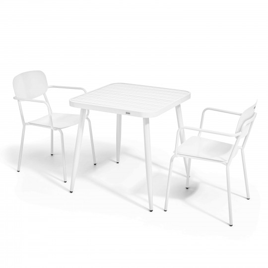 Table de terrasse carrée ( 75 x 75 x 76 cm) + 2 fauteuils en aluminium