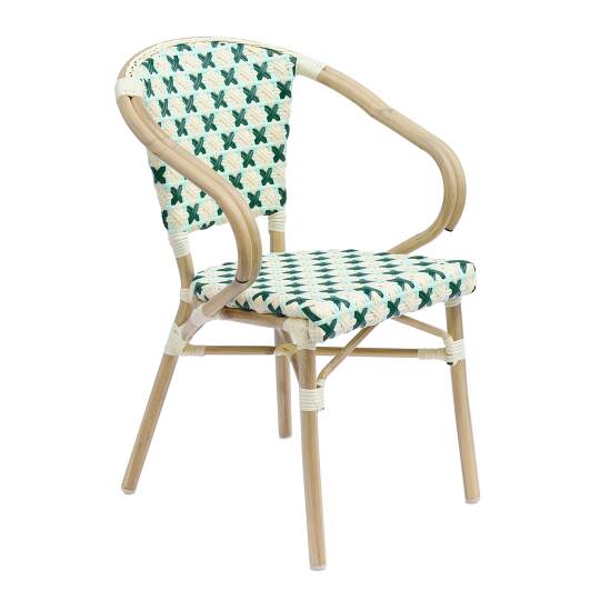 Chaise de jardin bistrot parisien en aluminium et rotin synthétique avec accoudoirs, motif en croix | Mobeventpro
