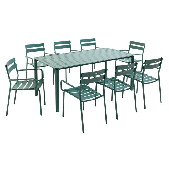 Table de terrasse rectangulaire 185 x 92 cm et 8 chaises en aluminium avec accoudoirs