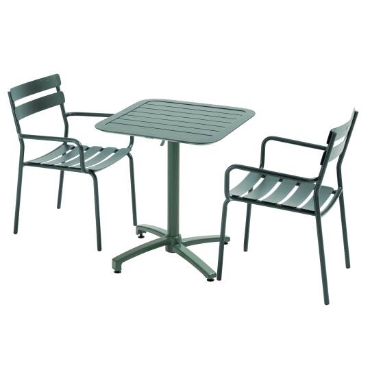 Table de terrasse bistrot carré inclinable en aluminium 70x70 cm et 2 chaises avec accoudoirs | Mobeventpro
