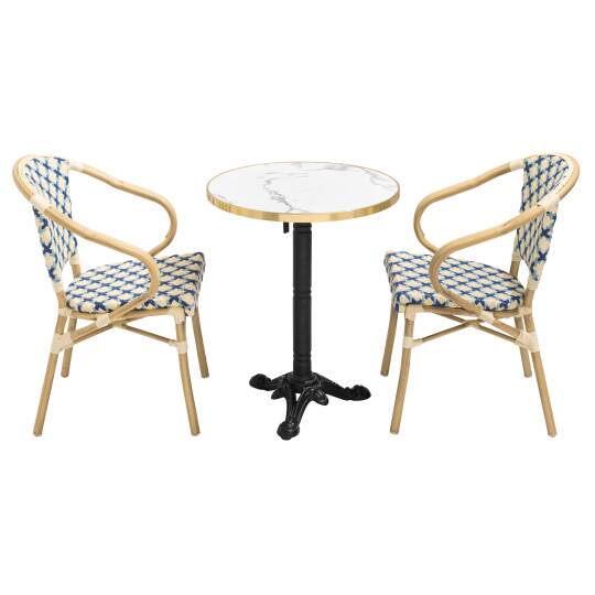 Table de terrasse bistrot inclinable effet marbre et pied en fonte Ø60 cm et 2 chaises en rotin synthétique et aluminium | Mobev