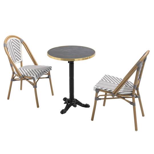 Table de terrasse bistrot inclinable effet marbre et pied en fonte Ø60 cm et 2 chaises en rotin synthétique et aluminium | Mobev
