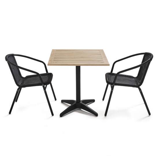 Table de terrasse carré plateau bois et 2 chaises en résine et aluminium