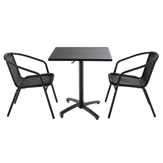 Table de terrasse carrée (70 cm) et 2 chaises en aluminium et résine