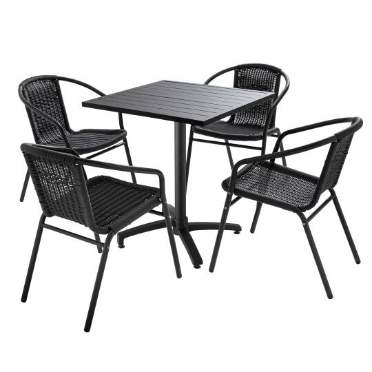 Table de terrasse carrée (70 cm) et 4 chaises en aluminium et résine