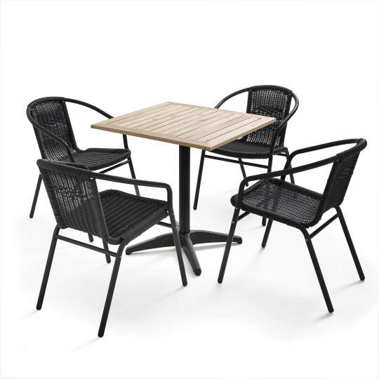 Table de terrasse carré plateau bois et 4 chaises en résine et aluminium
