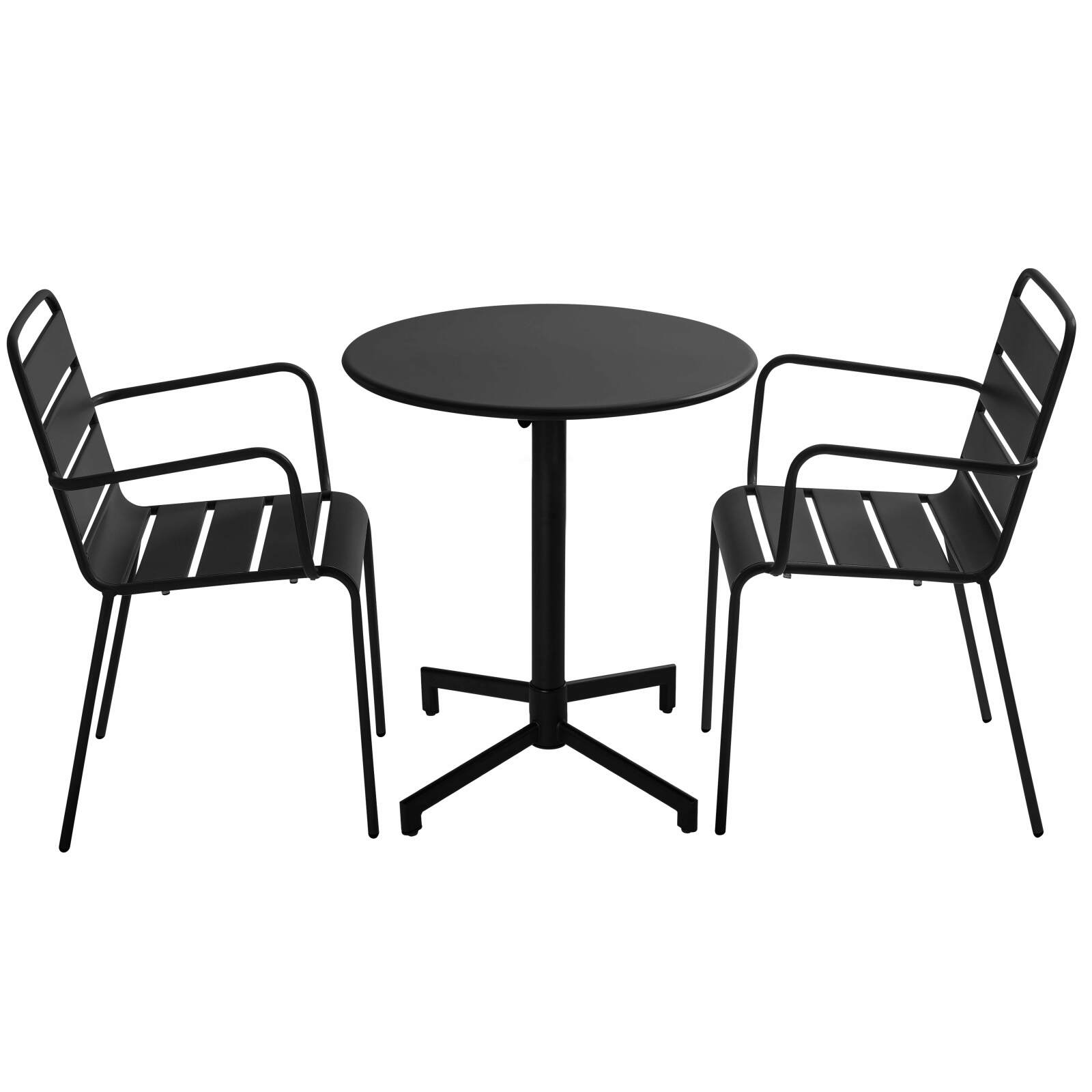 Table de terrasse bistrot ronde inclinable en métal avec pied encastrable 70x70 cm et 2 chaises avec accoudoirs