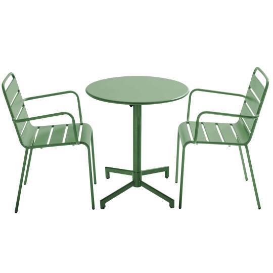 Table de terrasse bistrot ronde inclinable en métal avec pied encastrable 70x70 cm et 2 chaises avec accoudoirs | Mobeventpro
